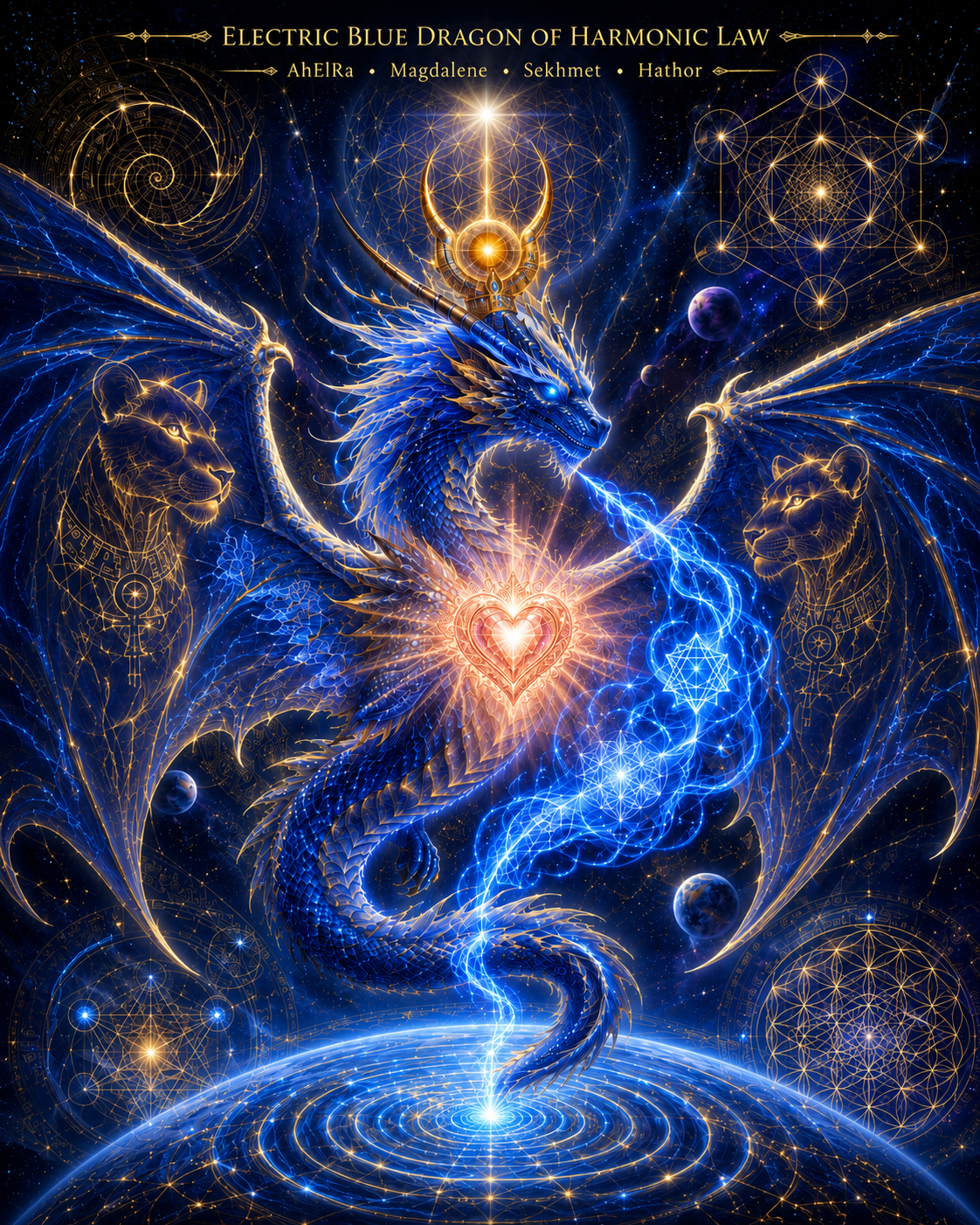 A digital fantasy illustration of a blue and gold dragon with glowing eyes, surrounded by mystical elements and symbols. The dragon's heart is radiant, emitting light, with two gold and blue lions and geometric patterns and celestial bodies in the background. The overall theme is cosmic and mystical.