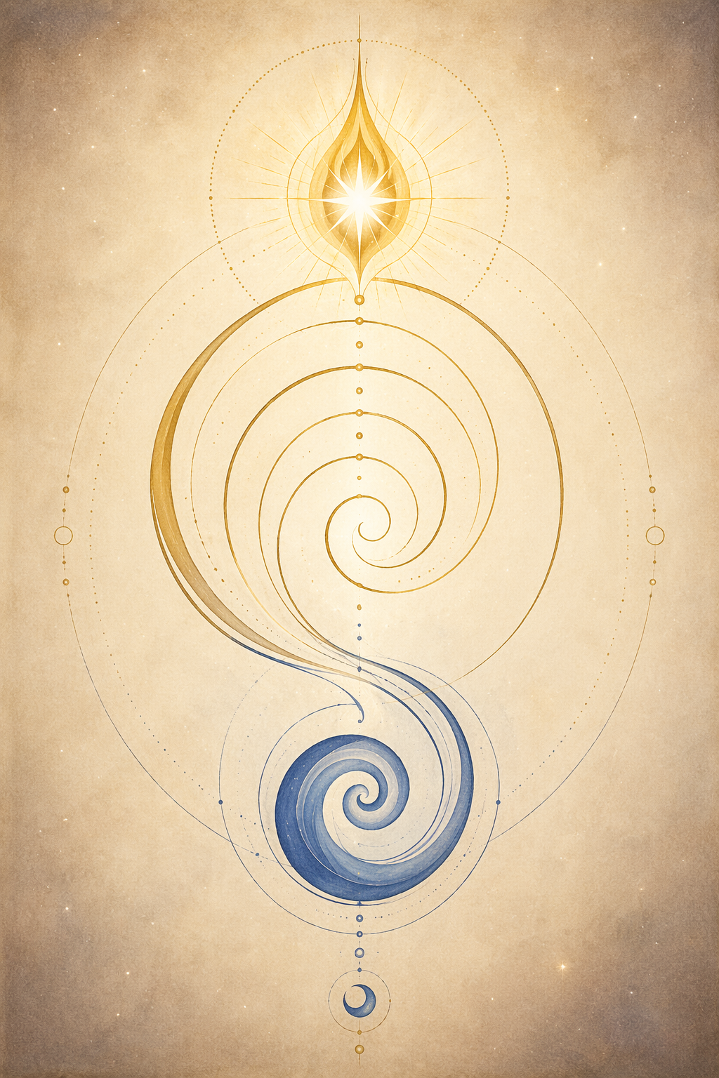 A celestial symbol featuring a golden, star-shaped light at the top, surrounded by geometric lines and circles, transitioning into a blue swirl at the bottom, set against a starry beige background.