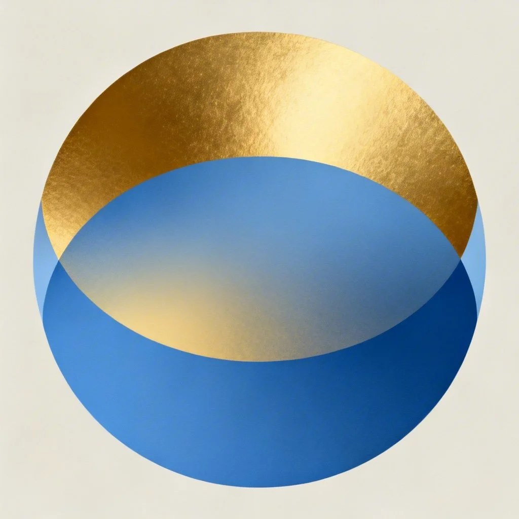 A geometric abstract artwork consisting of overlapping blue and gold circular shapes creating a 3D sphere effect.