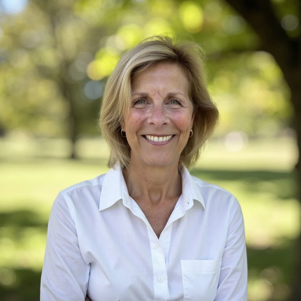 A woman with blonde hair smiling outdoors in a park, wearing a white button-up shirt.