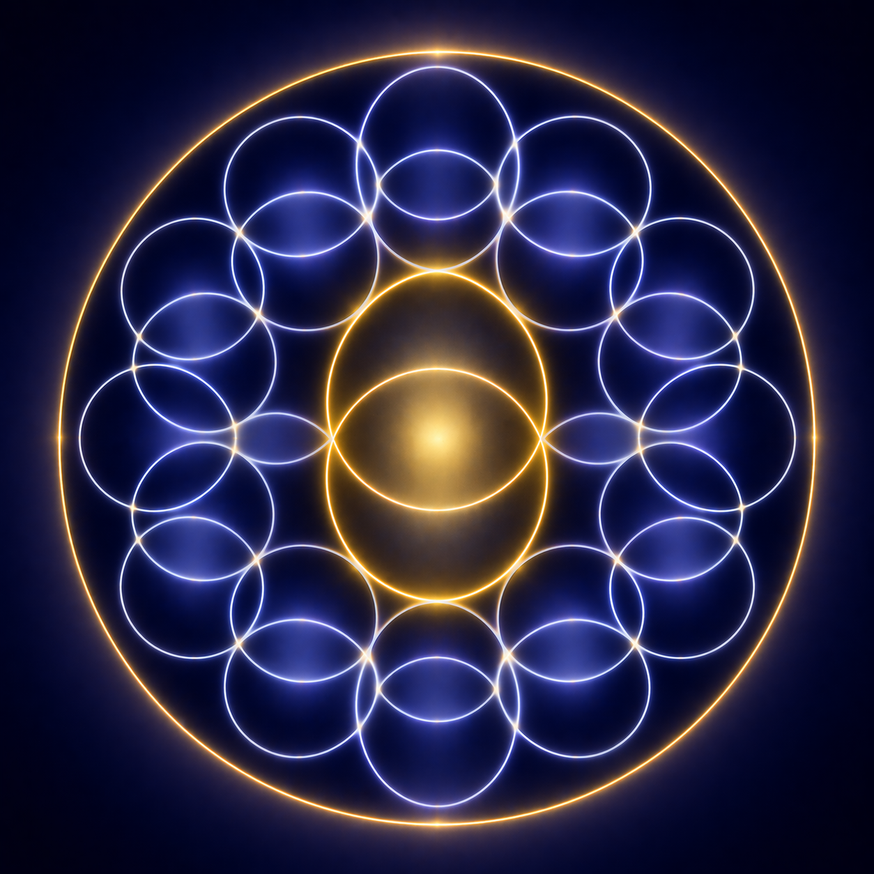 A digital art piece with interconnected luminous circles in blue and gold, forming a geometric pattern against a dark background.
