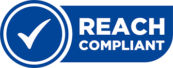 Blue rectangular badge with a white checkmark inside a circle, and the words 'REACH COMPLIANT' in white text.