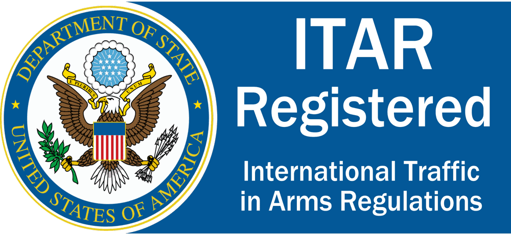 Seal of the U.S. Department of State featuring an eagle, shield, and olive branch, alongside text indicating ITAR registration for international traffic in arms regulations.