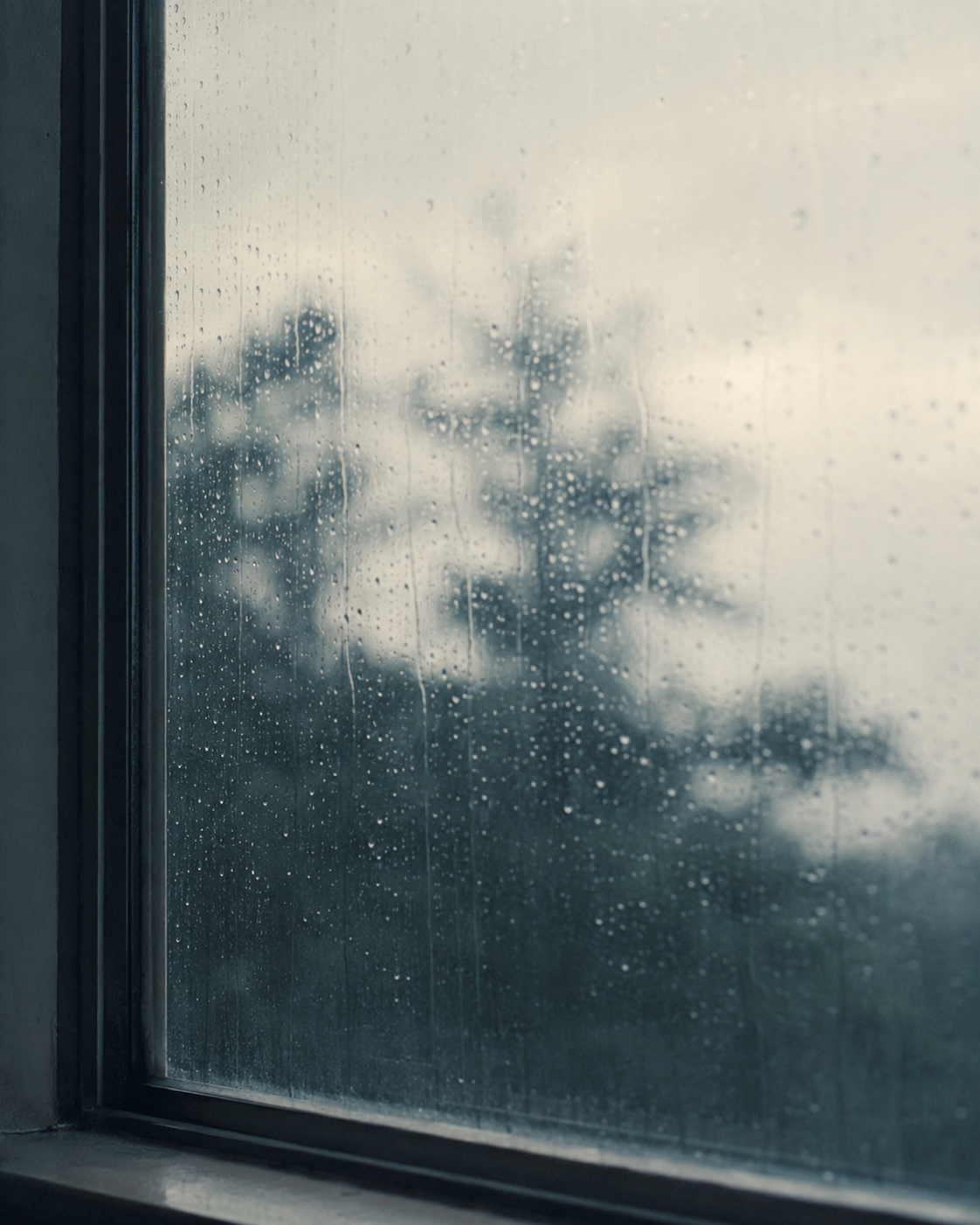 Raindrops streak down a window, obscuring the tree outside.