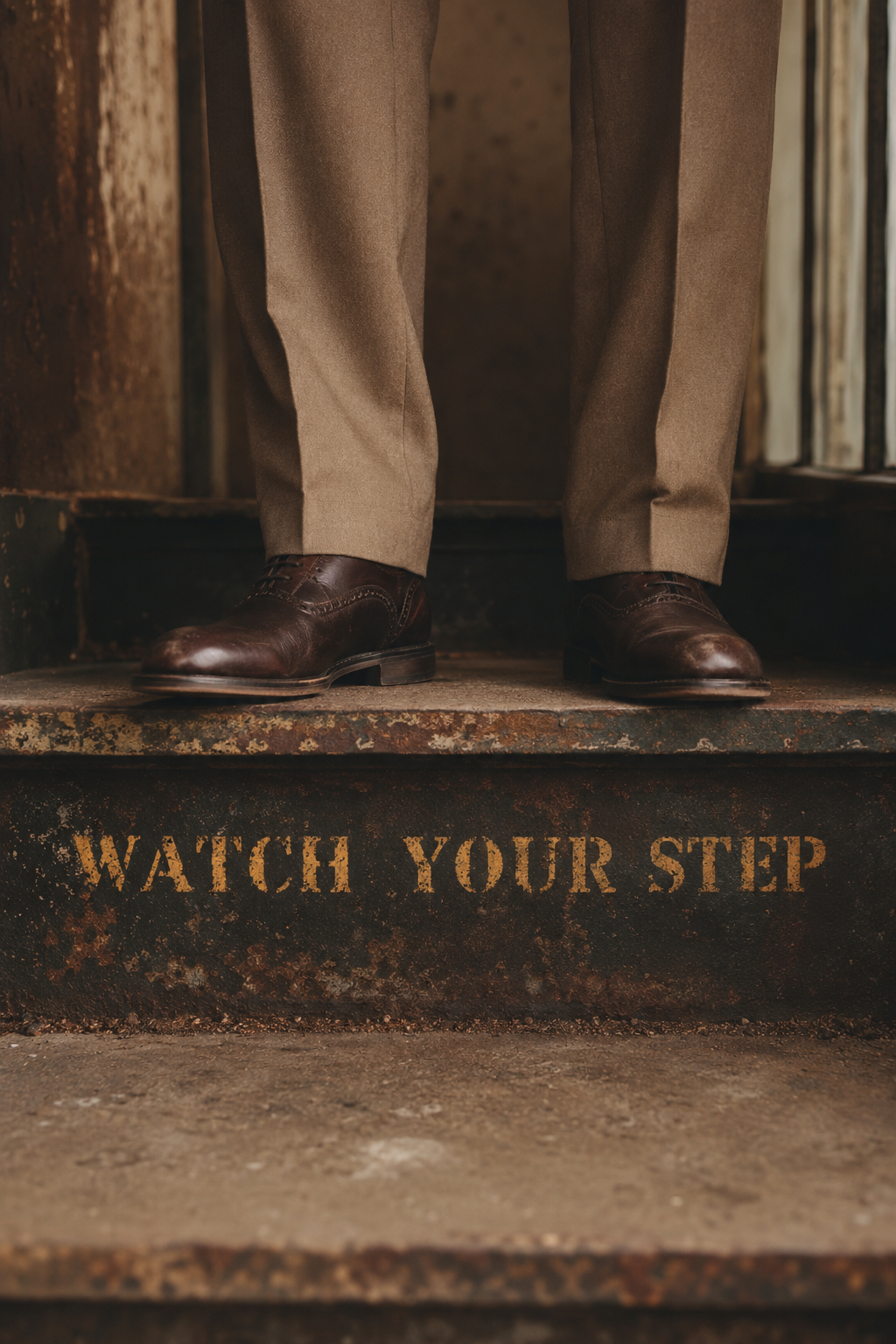Person in business attire standing above the words Watch Your Step on a worn staircase.