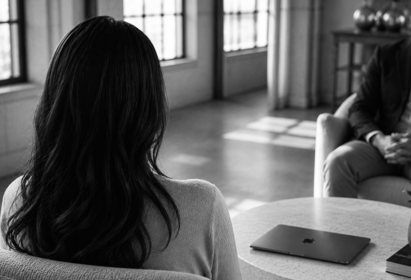 Over-the-shoulder view of a woman in conversation with a blurred interviewer in a light-filled modern office, with a closed MacBook on a round stone coffee table.