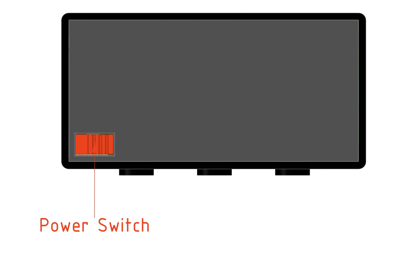 A flat-screen television with a labeled red power switch in the bottom left corner.