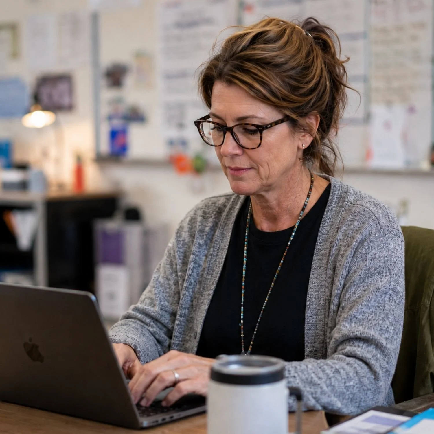 An educator reviews work on a laptop in a classroom.