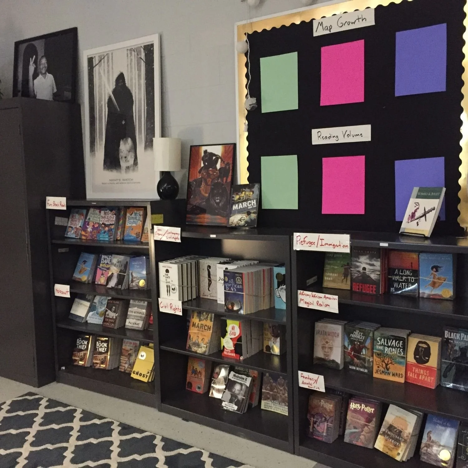 A classroom library organized by themes, with a reading-volume and growth display.