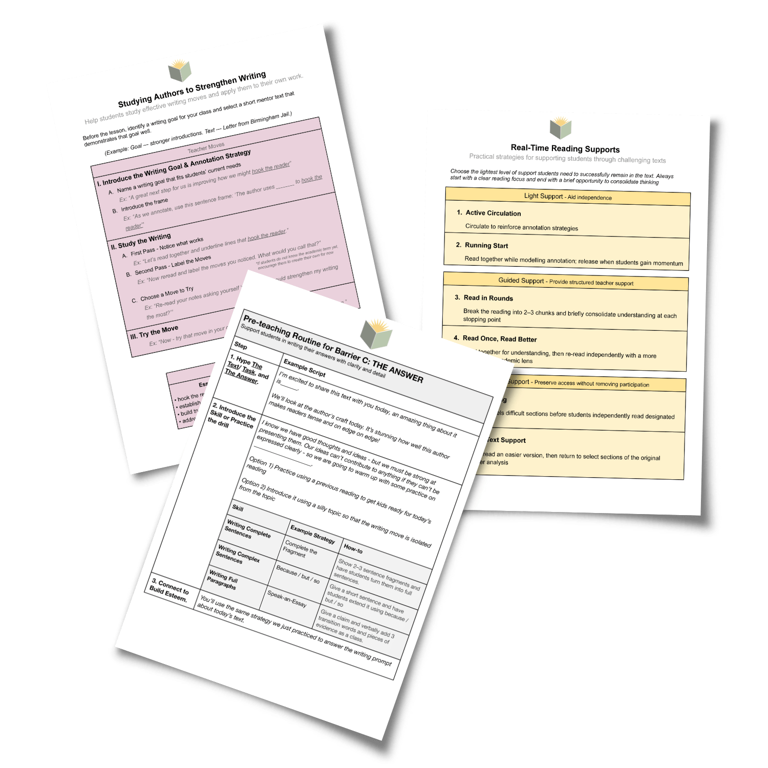 Three sample GJR Literacy classroom resources arranged together.