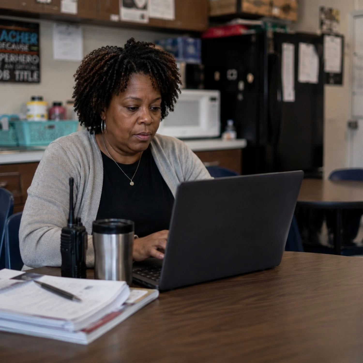 An educator works on a laptop at a classroom desk.