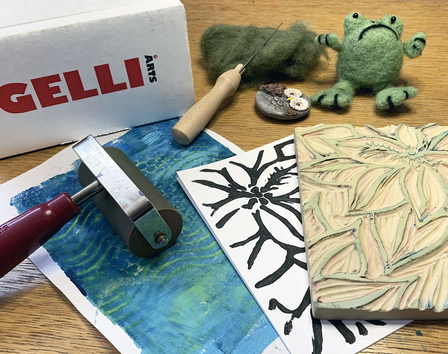 printmaking, needle-felting, gelli-plate art materials