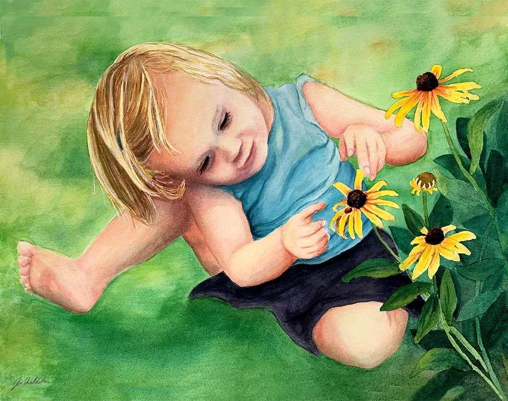 A young girl examining a ladybug on a patch of black-eyed susan flowers
