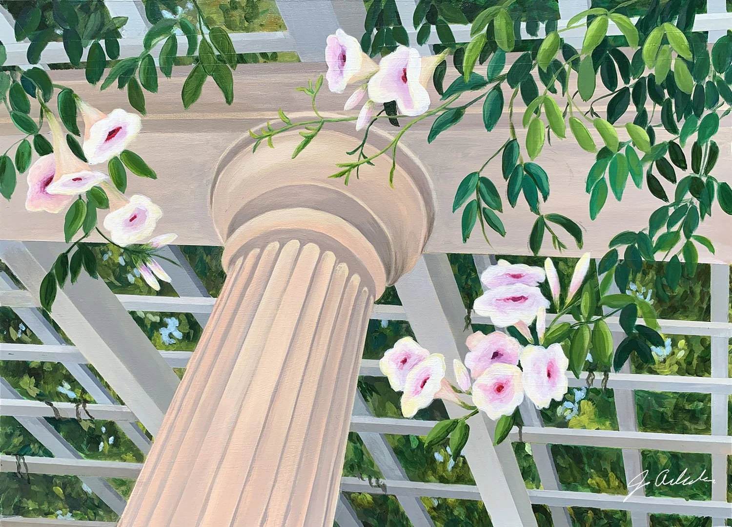 Acrylic painting of column and trellis with vining flowers