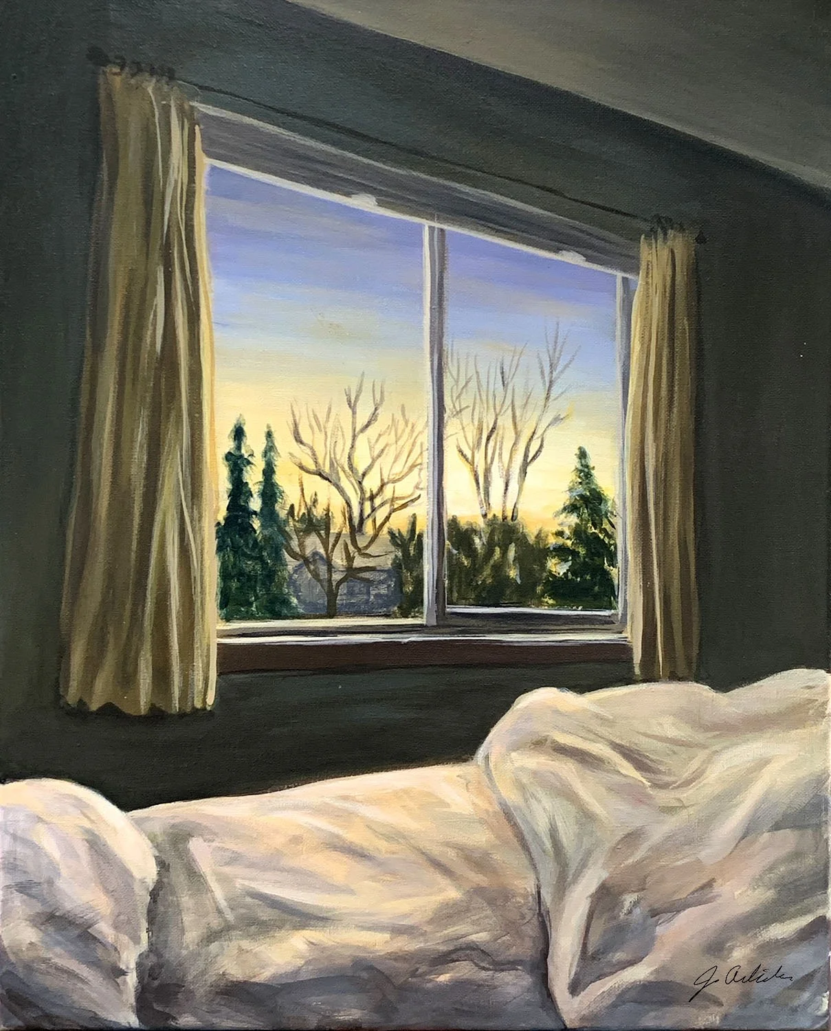Acrylic painting of edge of bed and view of winter trees through a bedroom window