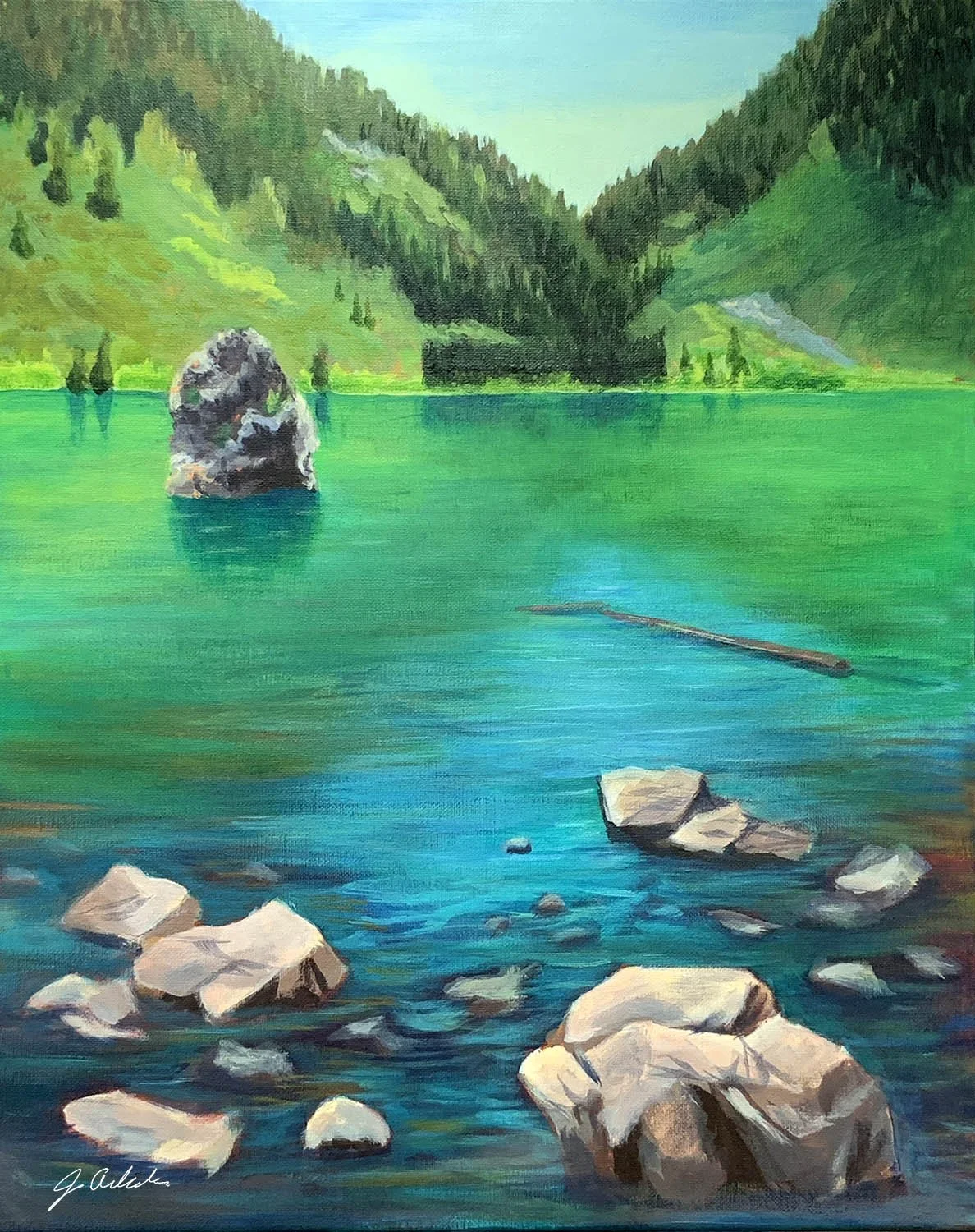 Acrylic painting of Heather Lake with mountains in background