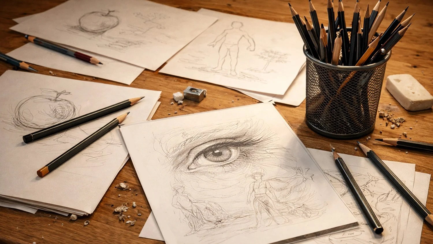 pencil sketches of applesm eyes and people. Drawing pencils, pencil sharpener and shavings