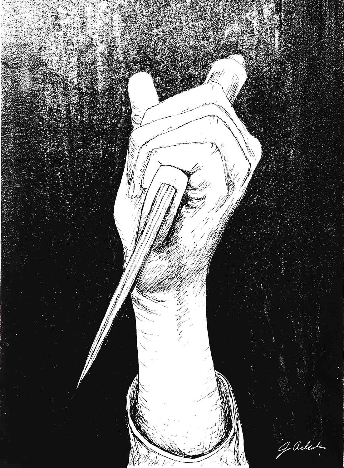 hand drawn ink sketch of a hand holding a dagger in striking position