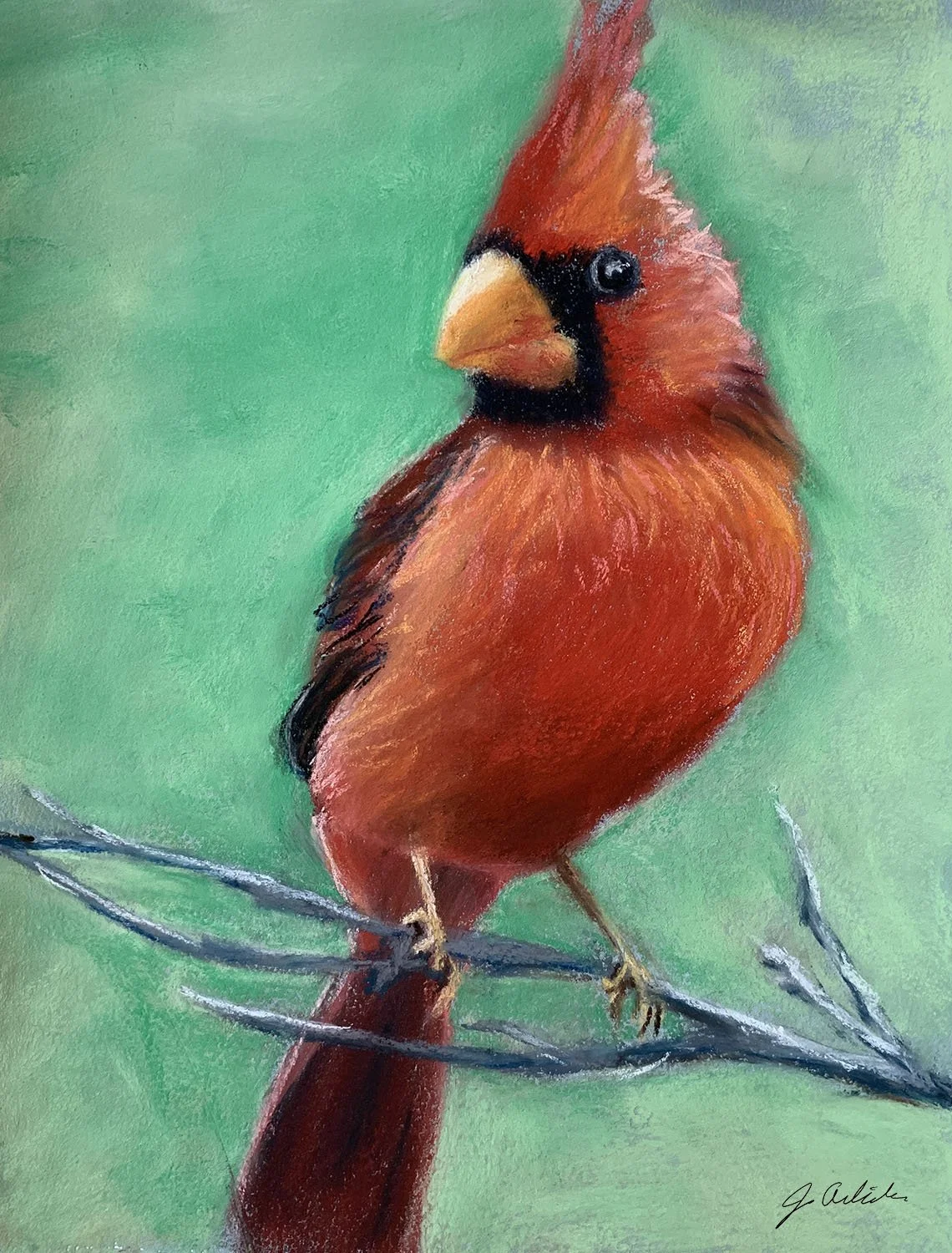 Pastel painting of red cardinal on a branch with a green background