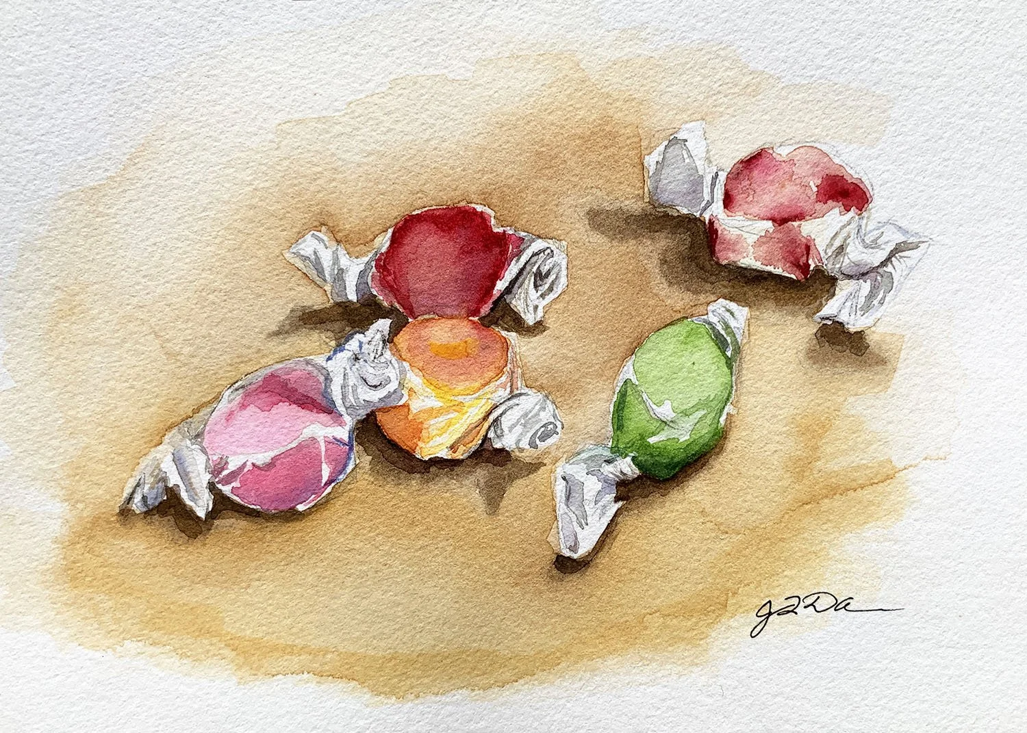 Watercolor painting of 5 pieces of saltwater taffy