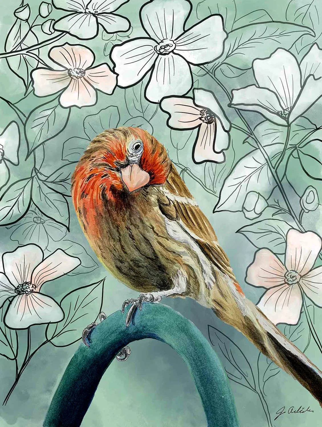 Mixed media painting of house finch with flowers