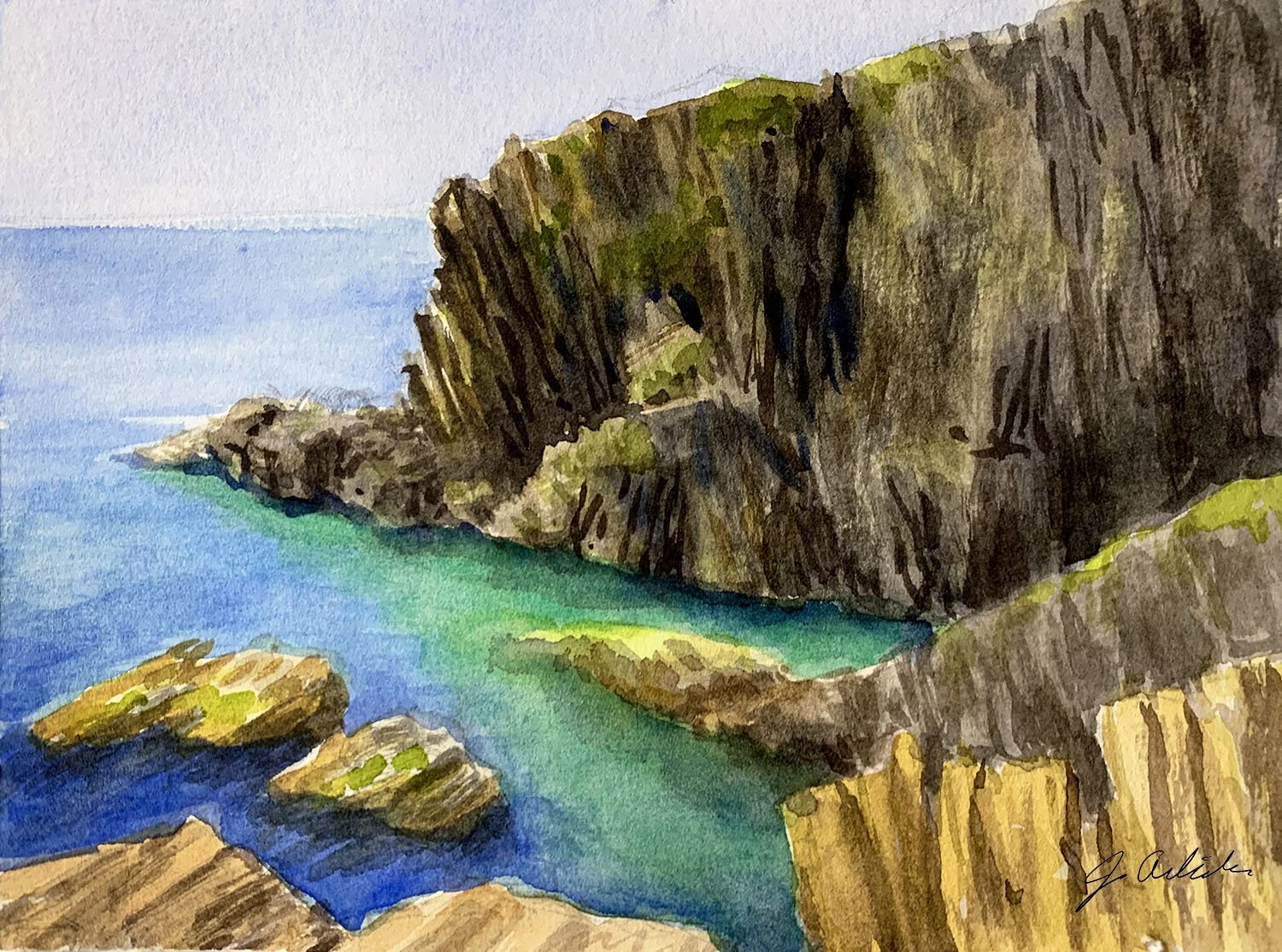 Watercolor painting of coastline outside Riomaggiore in Italy