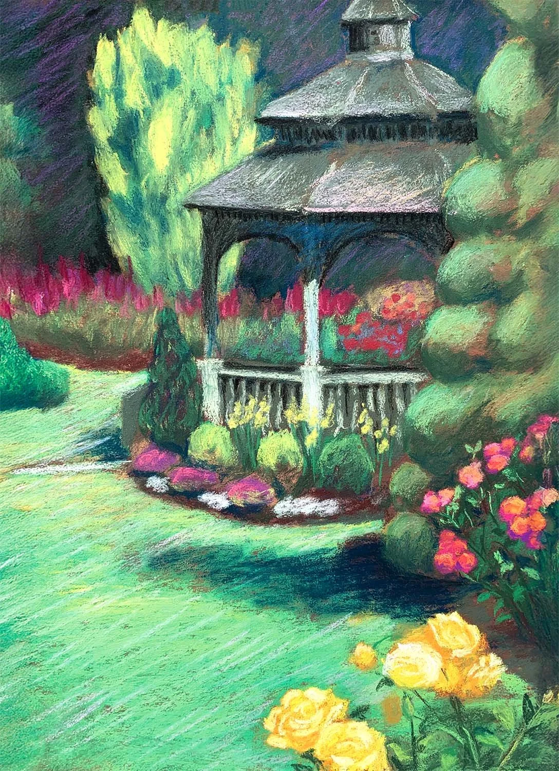pastel painting of gazebo in Woodland Park Zoo Rose Garden