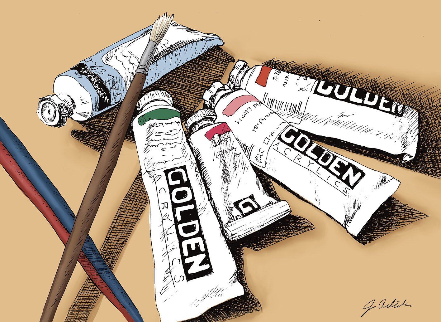Mixed media still life of Golden brand paint tubes and paint brushes