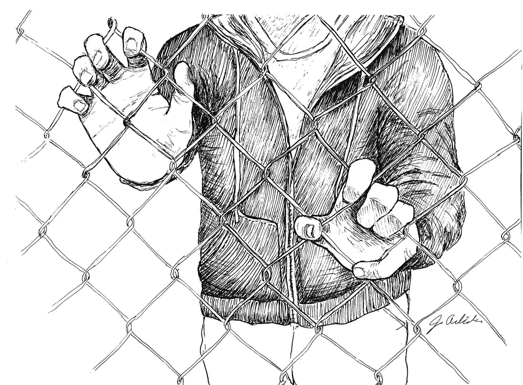 hand draw ink sketch of torso with hands grasping chain link fence
