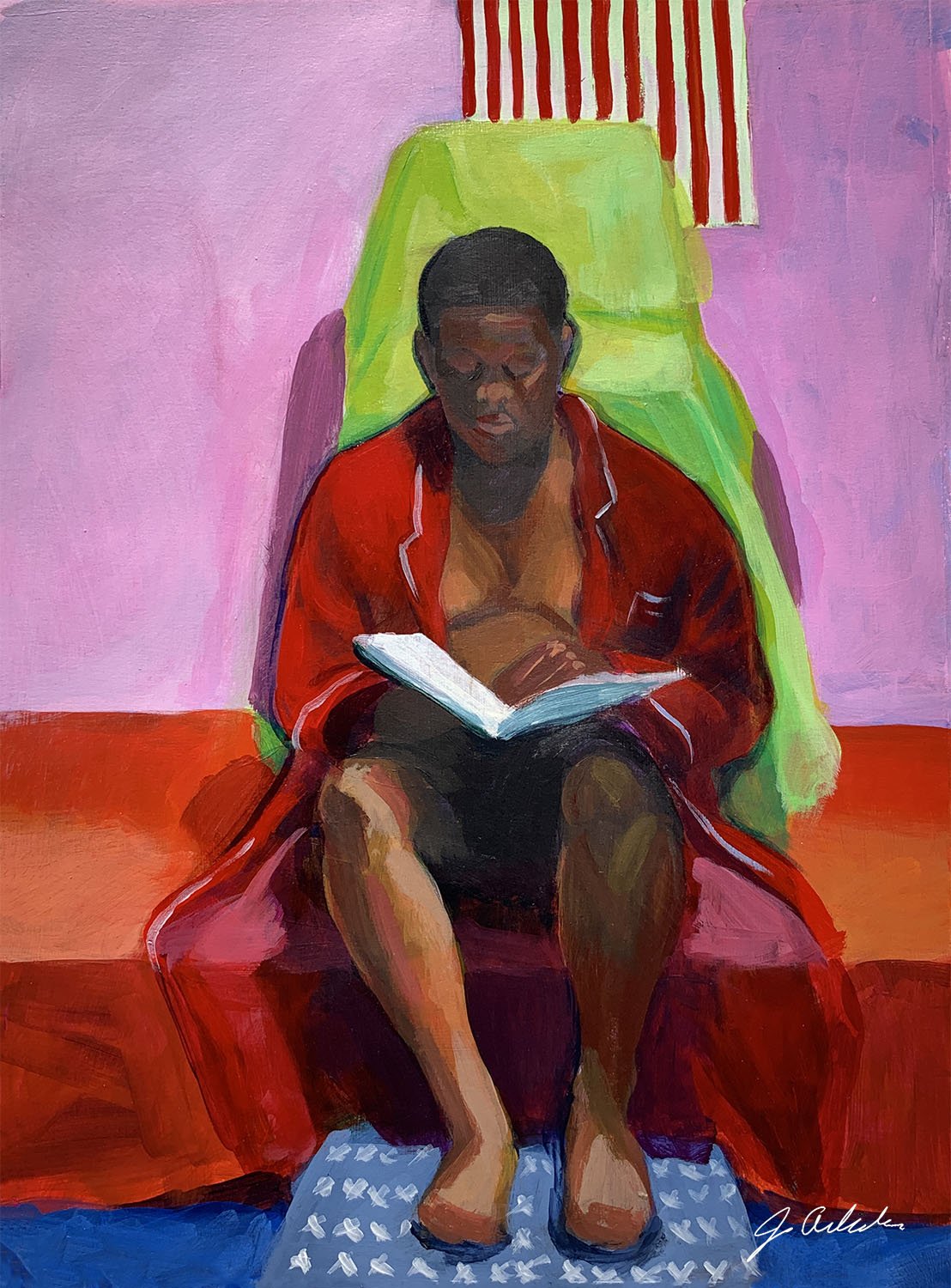 Acrylic painting of African American man in red bathrobe reading a book