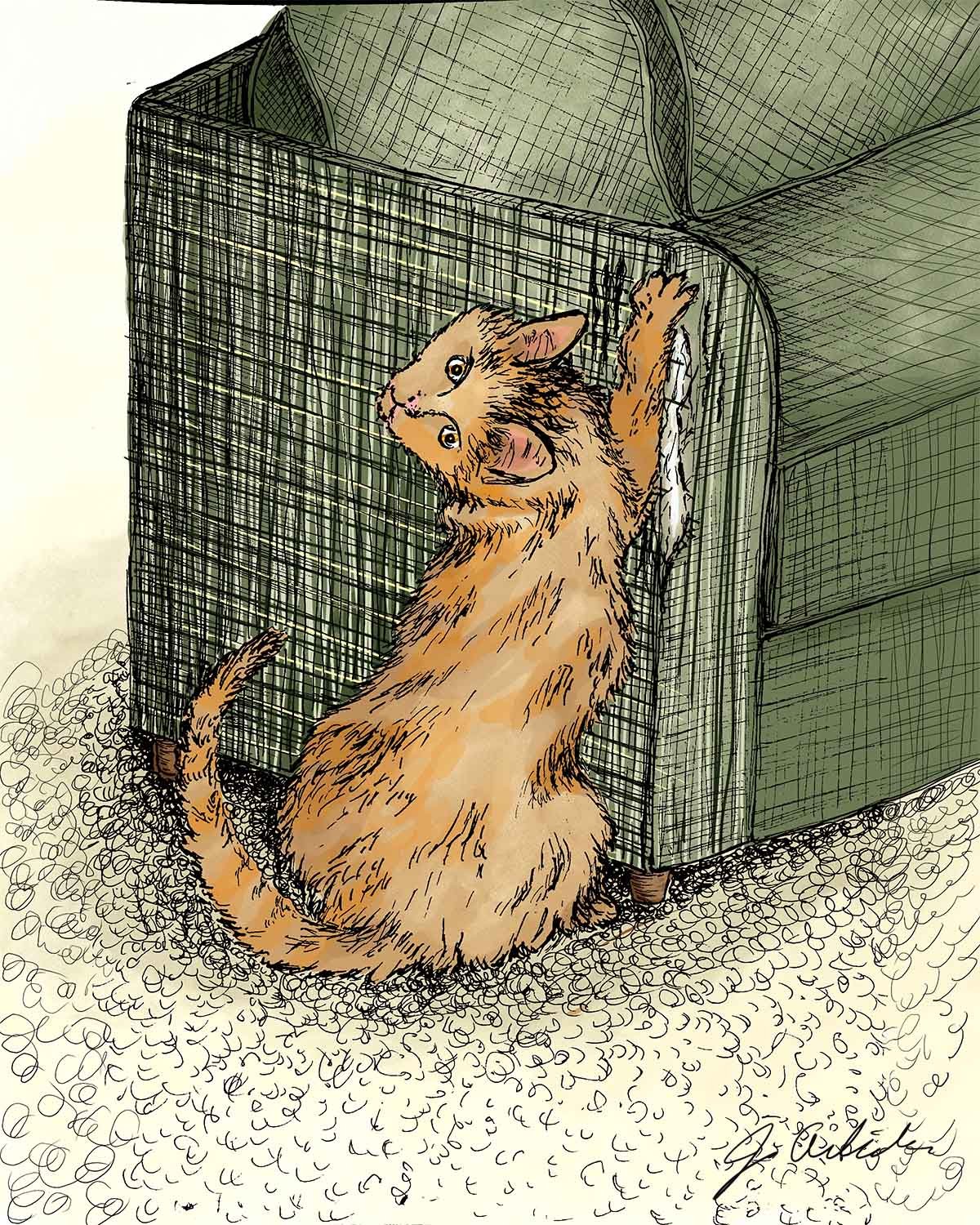 Mixed media drawing of an orange tabby cat scratching the edge of a green plaid couch