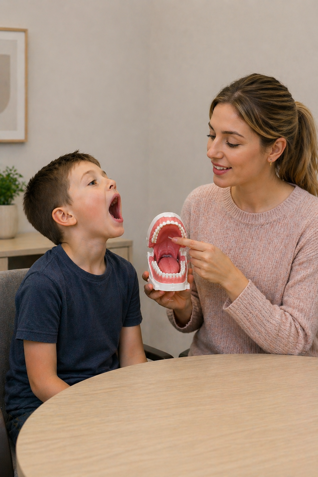 A speech therapist holding a large model of a human mouth and pointing inside it, as a young boy with an open mouth imitates her while working on a lisp during speech therapy for kids in Richardson, TX.