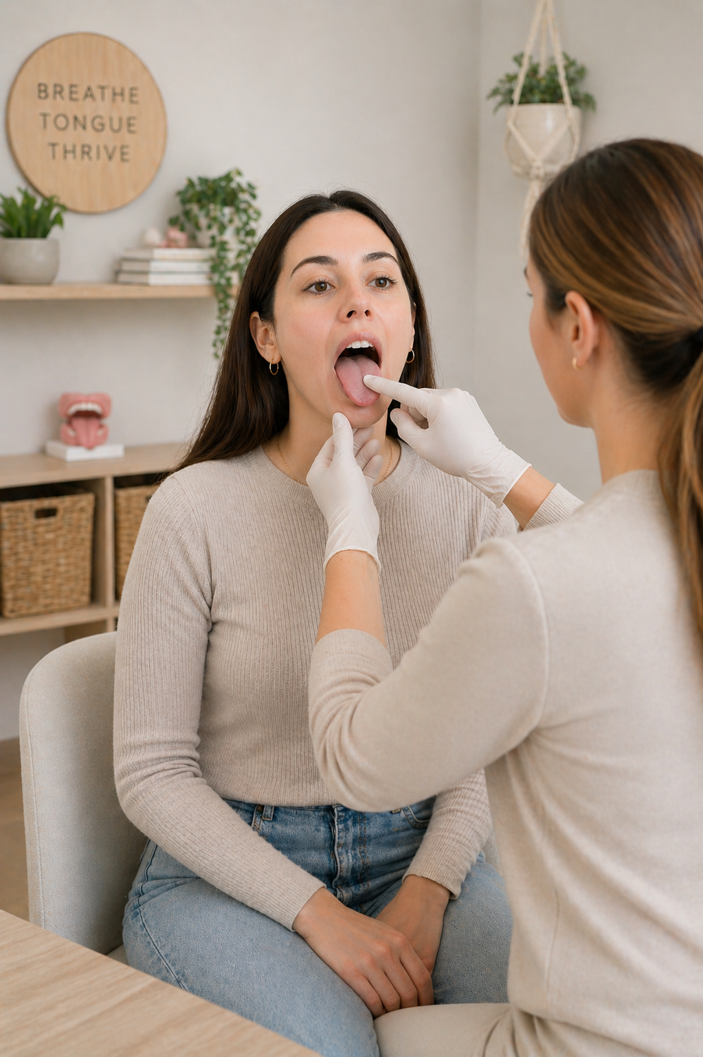 A woman sitting in a chair with an open mouth, while a myofunctional therapist evaluates her mouth muscles and function during myofunctional therapy to help with jaw pain and breathing in Richardson, TX.