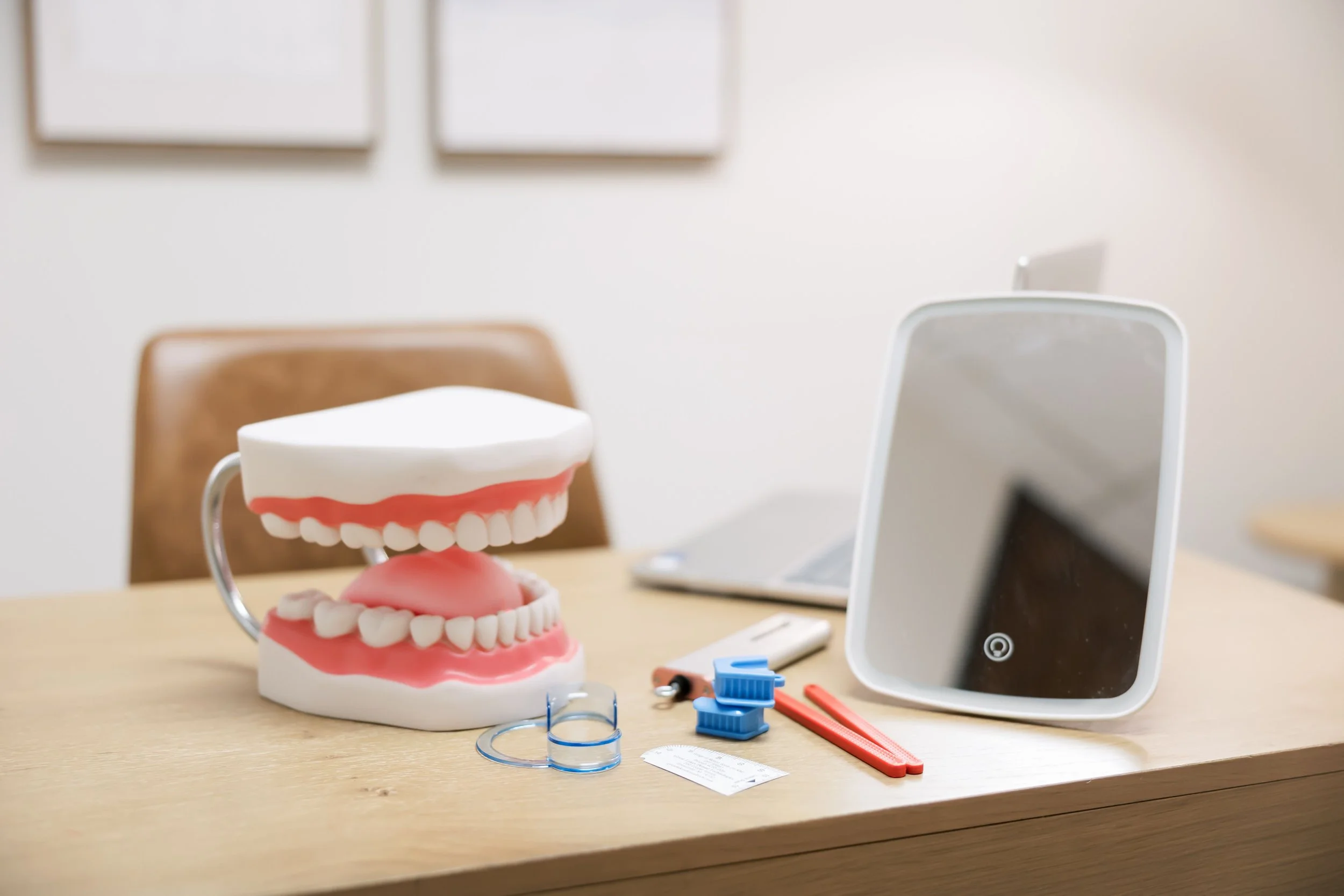 Therapy room and demonstration tools (model of the mouth, mirror, etc.) for myofunctional therapy in Richardson, TX.