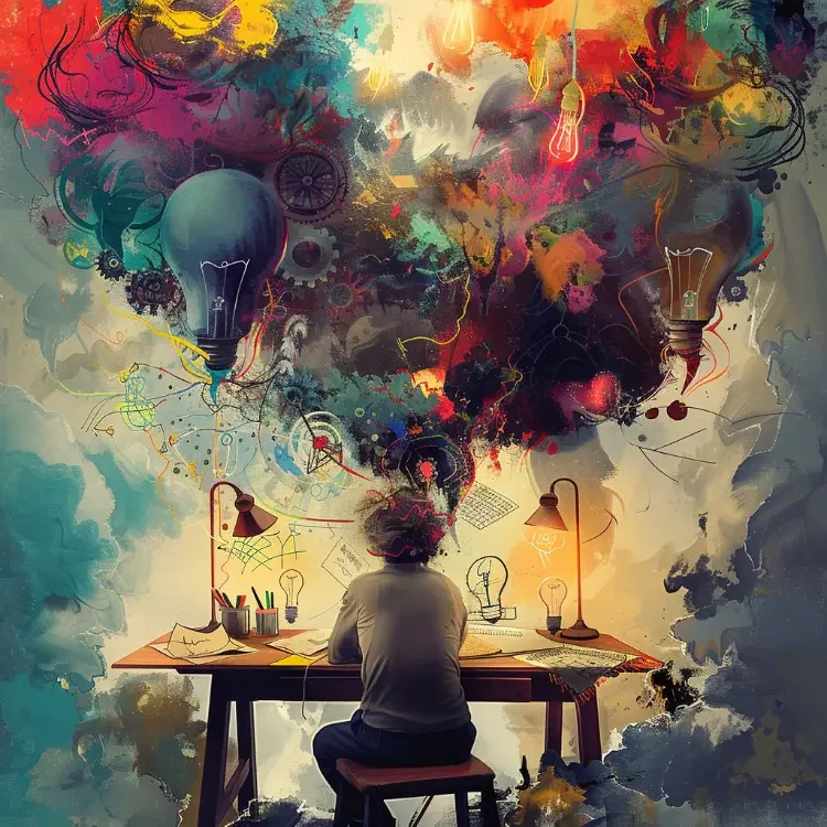 Person sitting at a desk, surrounded by colorful, imaginative, and abstract artwork including light bulbs, gears, and swirling patterns representing creativity and ideas.