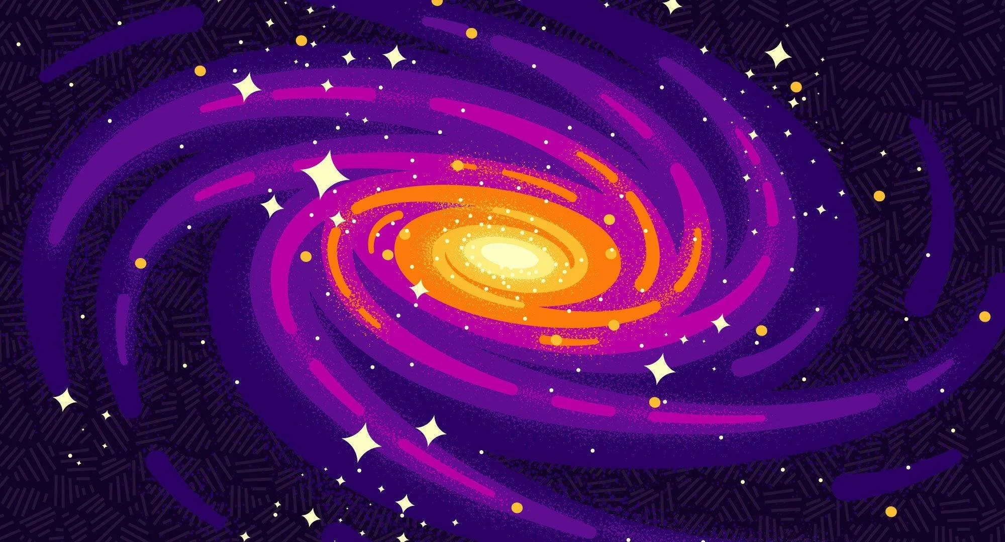 Digital illustration of a galaxy with a bright core, swirling purple and orange arms, stars, and cosmic dust on a dark background.