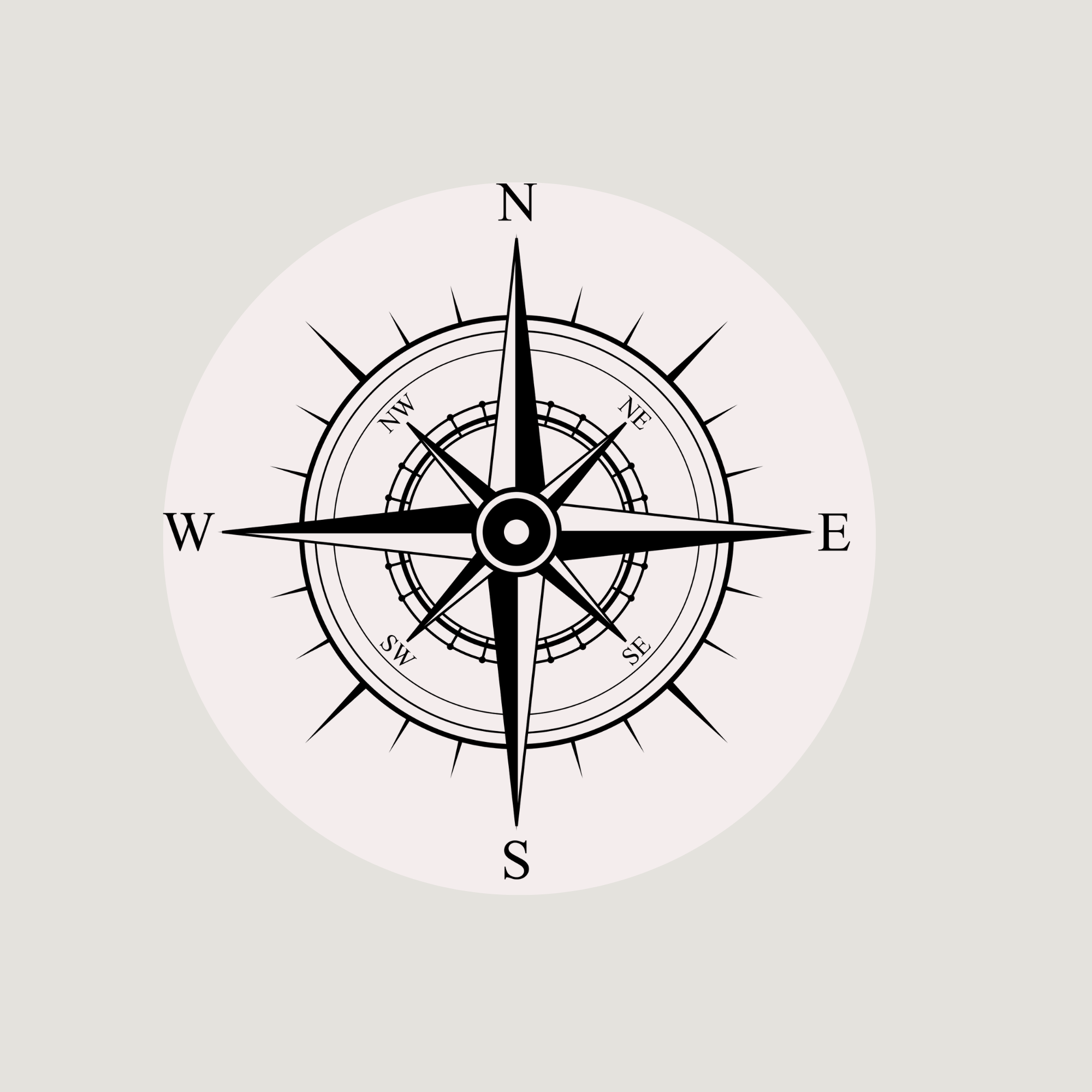 A black and white compass rose with marked directions: North, East, South, and West, on a plain light gray background.