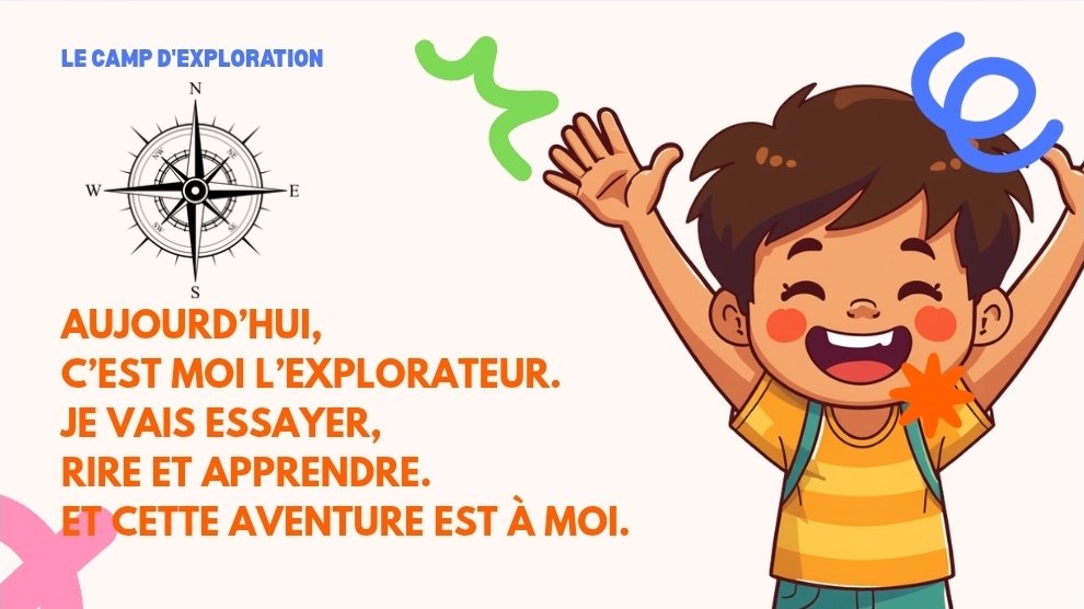 Happy child with a backpack raising his arms, surrounded by colorful squiggles, next to a map and French text about exploration and adventure.