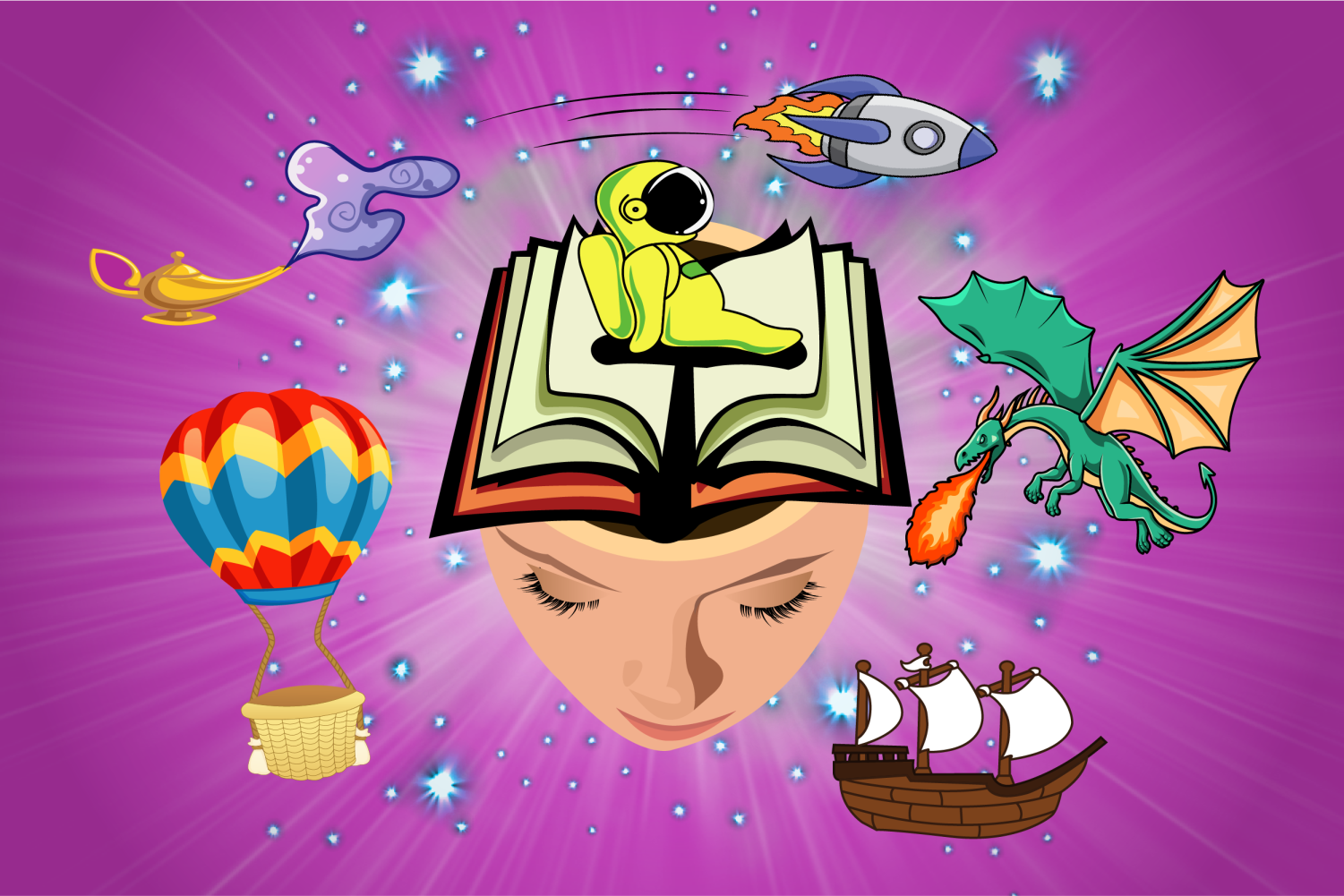 A young girl with closed eyes, with a colorful open book on her head, surrounded by fantasy elements such as a flying carpet, a hot air balloon, a spaceship, a dragon breathing fire, a magic lamp, and a starry purple background.