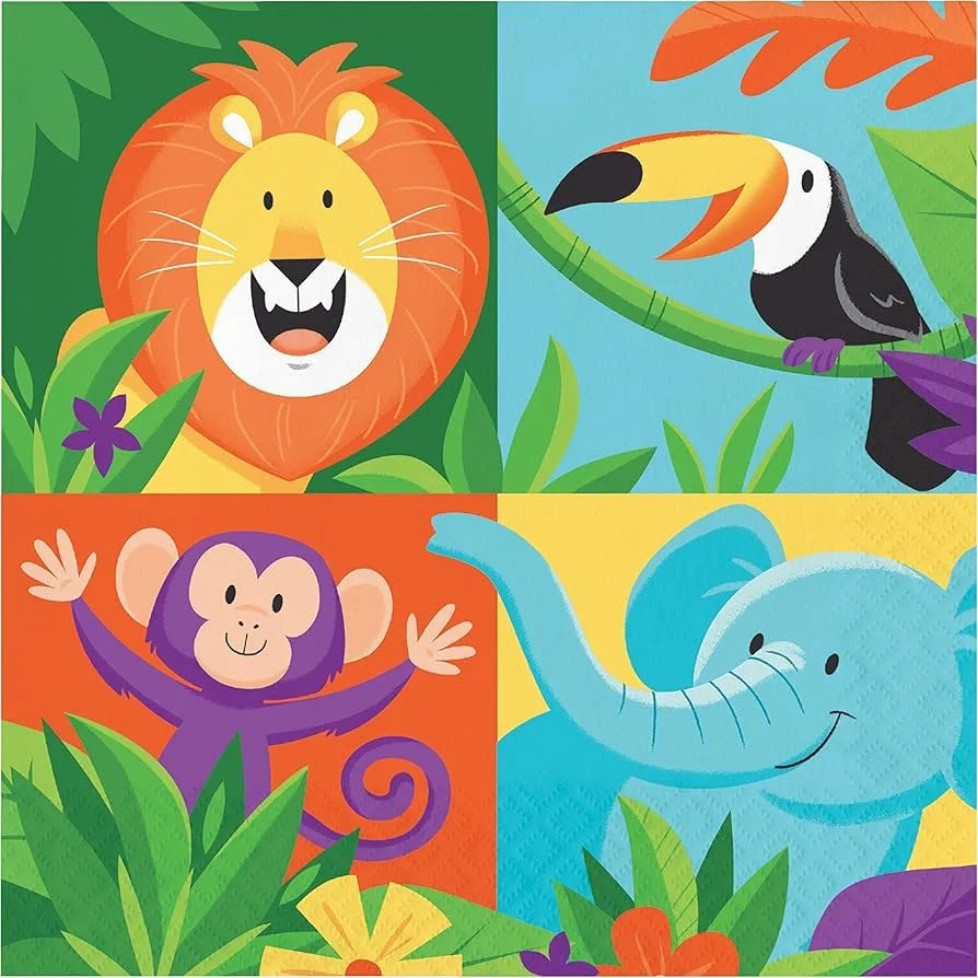Colorful illustration of jungle animals: a lion, a toucan, a monkey, and an elephant, surrounded by green leaves and flowers.