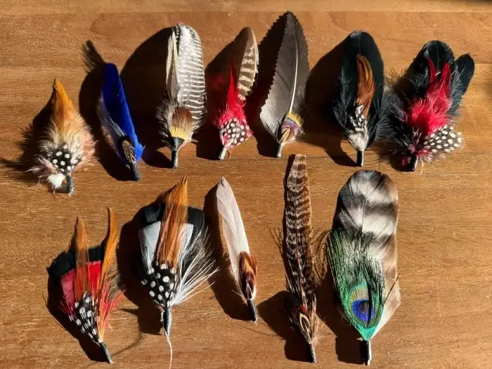 A collection of stylized and colorful bird feathers arranged on a wooden surface.