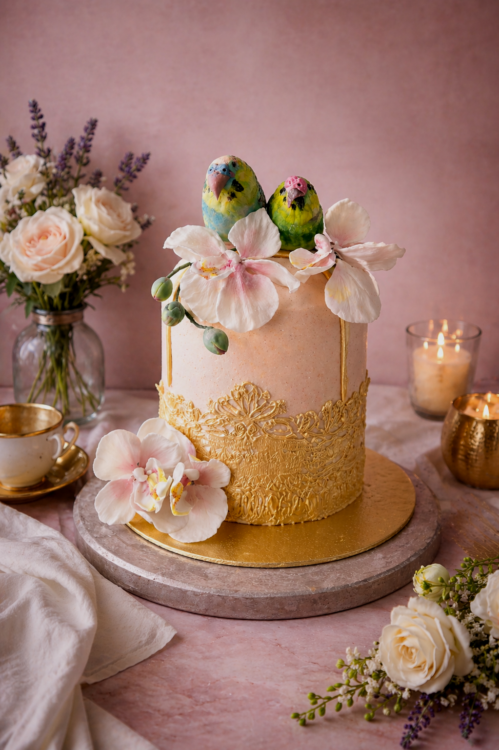 A pink and gold decorated birdcage cake topped with two colorful bird figurines and surrounded by flowers, candles, a teacup, and saucer on a pink marble surface.