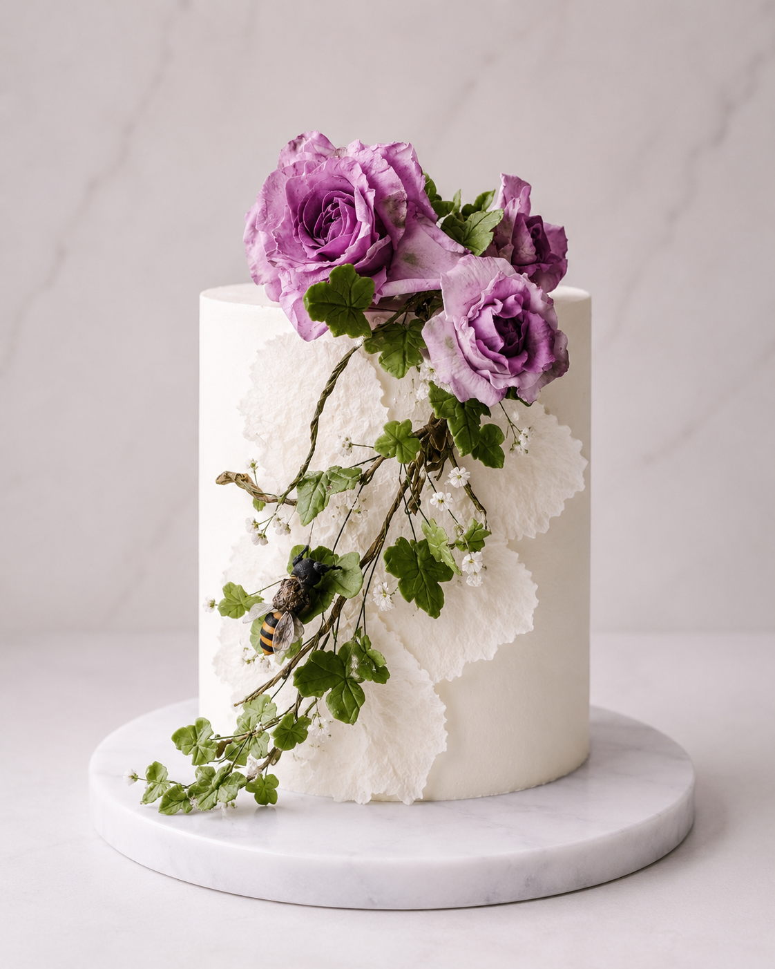 A white cylindrical cake decorated with purple roses, green leaves, white paper-like accents, and a bee ornament, placed on a white marble stand.