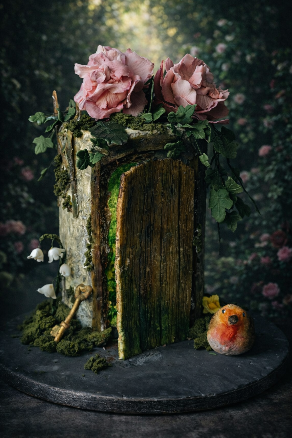 A decorative cake creating a scene from The Secret Garden novel, featuring a weathered wooden, on a old building, covered in ivy and most, a golden key adorned with pink roses, lily of the valley and a gold key