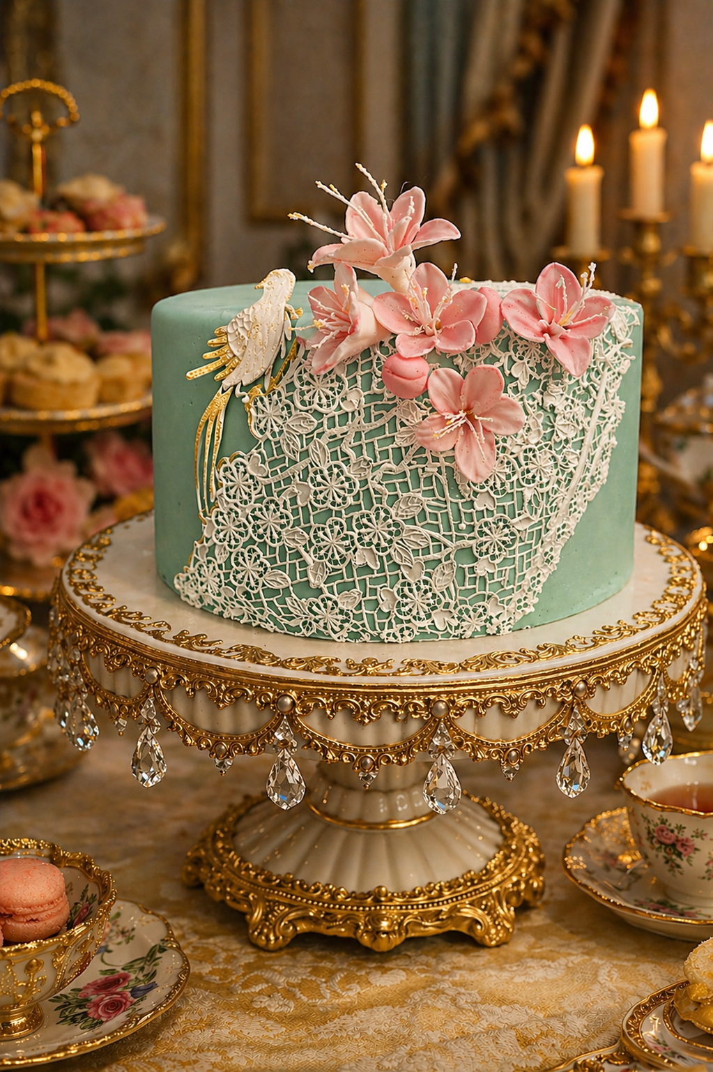 Elegant cake decorated with cherry blossom, white lace-like decoration, and a white and gold bird topper, displayed on a gold ornate cake stand with crystal accents, surrounded by teacups, plates, and pastries in a luxurious setting with lit candles.