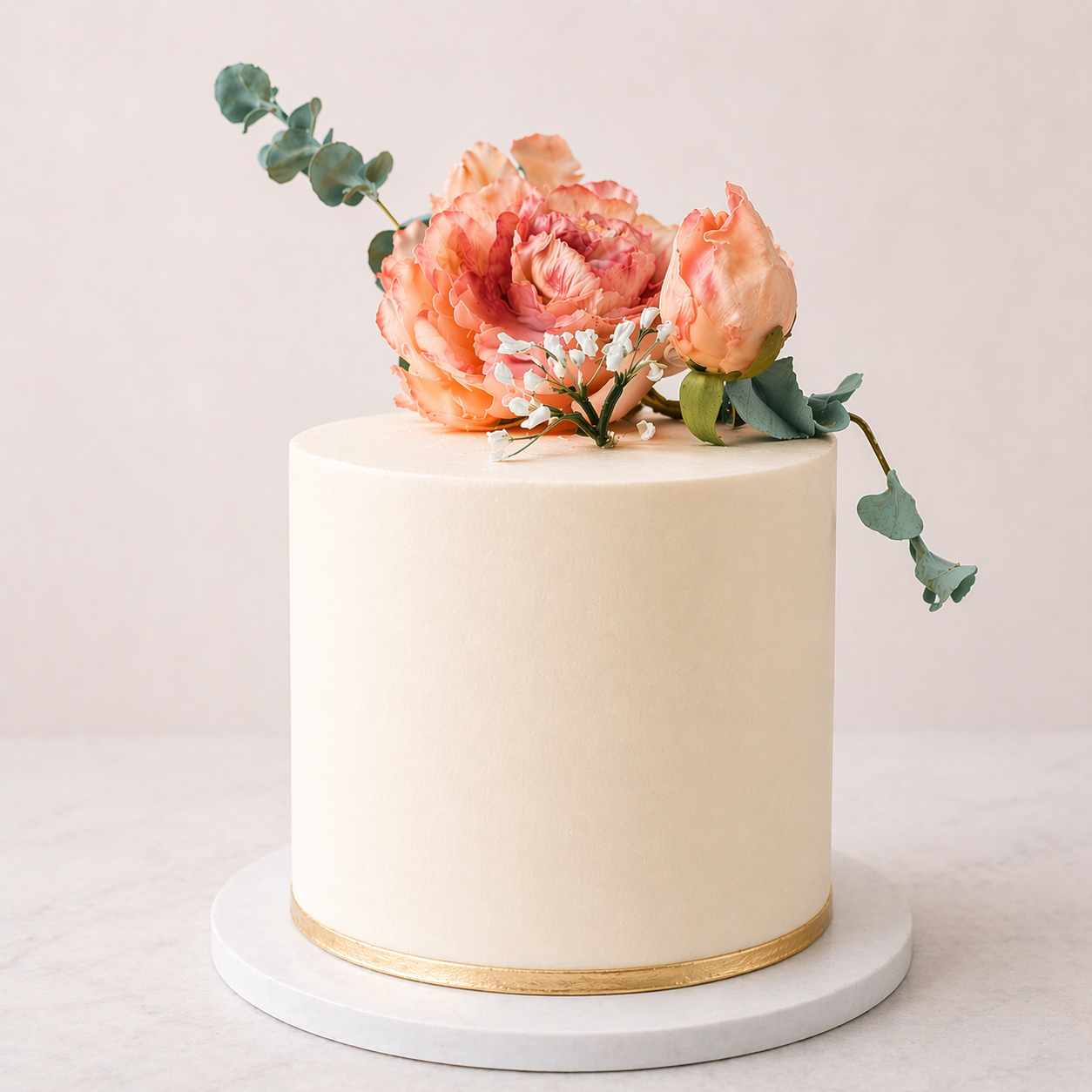 Simple white cylindrical cake with a gold border at the base, decorated with pink peonies, white flowers, and eucalyptus leaves on top.