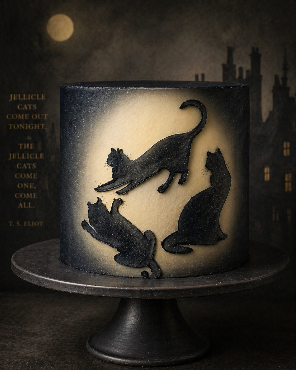 A decorative cake with black silhouettes of cats on a cream-colored background, displayed on a dark cake stand.