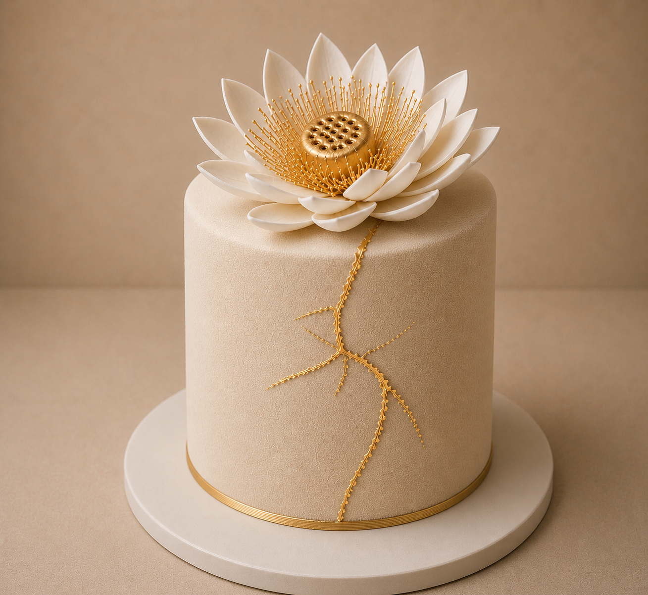 Elegant beige cake with gold accents and a large white flower made of petals on top, featuring gold stamen and a gold center, placed on a white cake board.