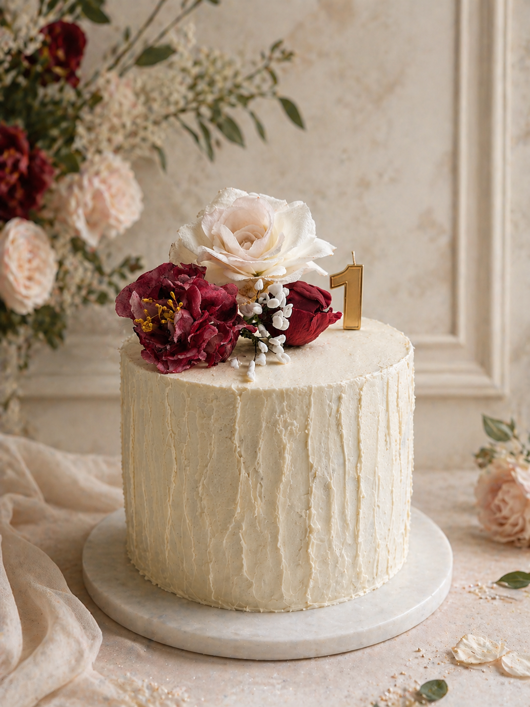 A white textured wedding cake decorated with white and burgundy flowers, a top flower, and a gold number one topper, set on a marble cake stand with floral arrangements in the background.