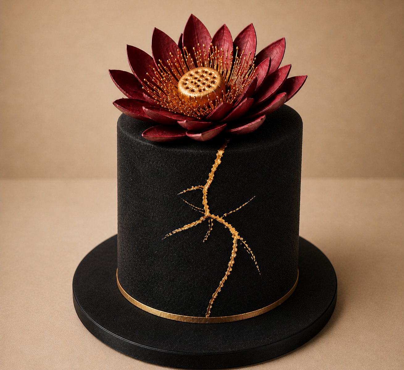A black cylindrical cake with a large red flower and a golden, branch-like decoration on top, placed on a round black base.